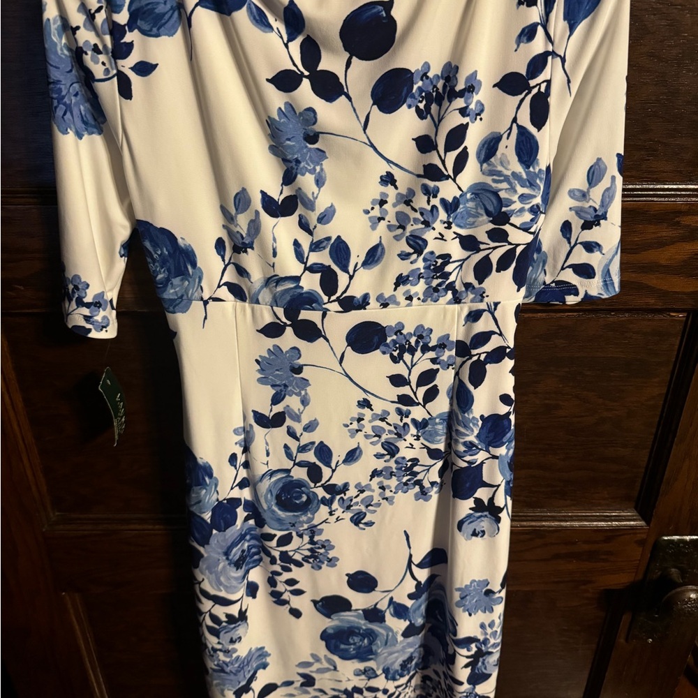 Lauren Ralph Lauren Blue and White Ruched Midi Dress, NWT, Size 8P - Picture 4 of 10